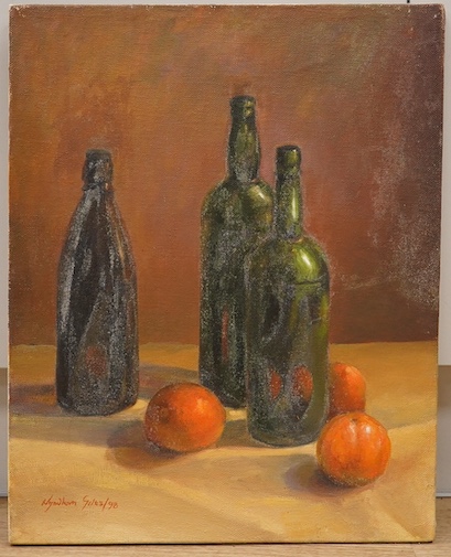 Wyndham Edwin George Giles, oil on canvas, Still life of fruit and vessels, signed and dated ‘98, unframed, 51 x 41cm. Condition - fair